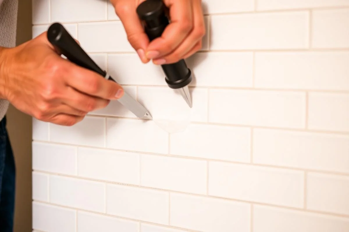 A person using a caulking gun and a putty knife to apply white grout or sealant on a tiled wall.