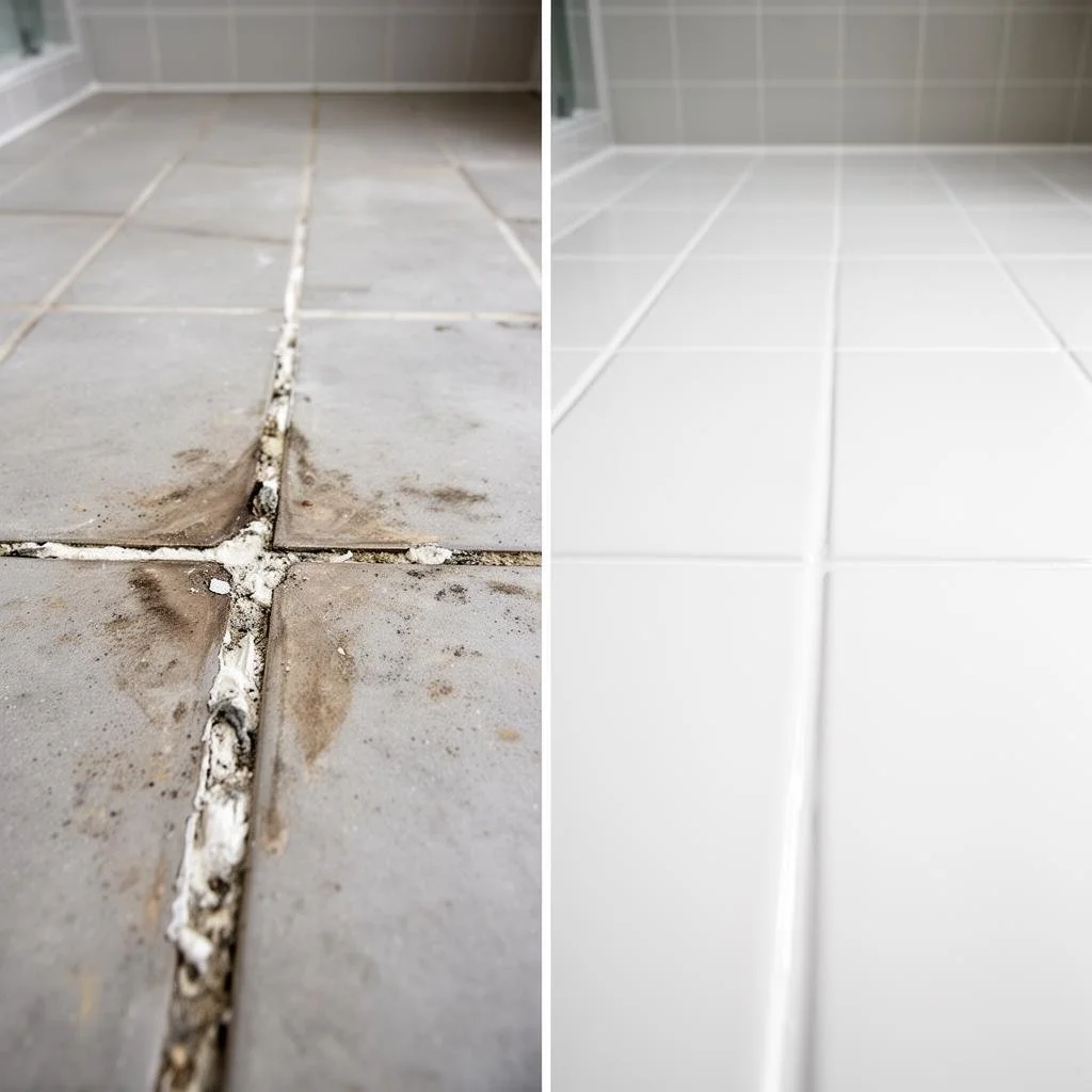 Comparison of a dirty, cracked grout and a clean, new grout between bathroom tiles.