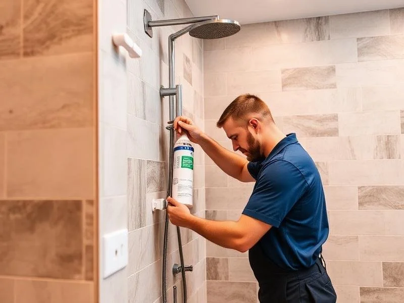 Man in blue shirt installing or inspecting a showerhead in a modern bathroom.