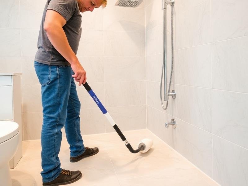 Man using a drain snake on a bathroom floor to unclog the drain.