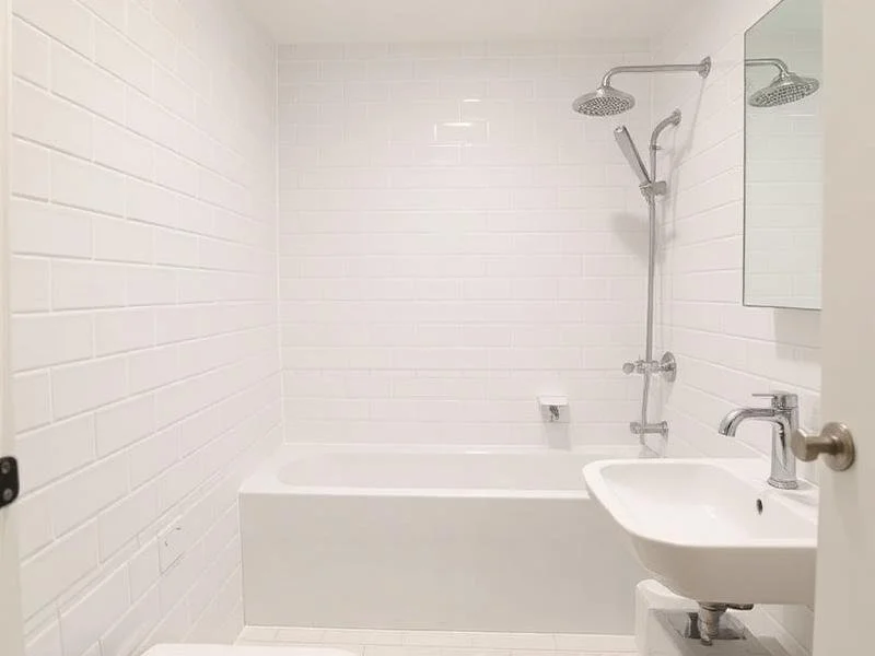 Bathroom with a bathtub, showerhead, sink, and mirror with white tiled walls.