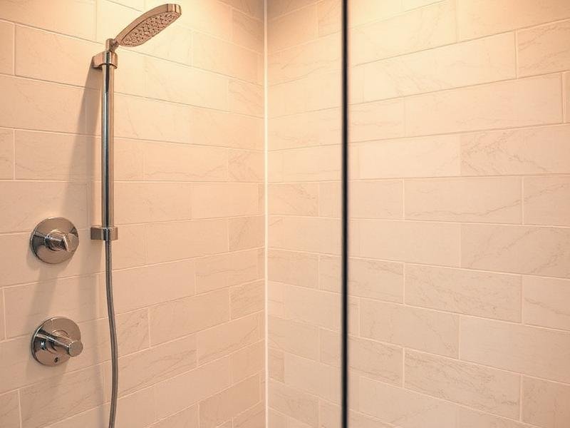 A shower with a handheld showerhead attached to a wall, and two round control knobs on a tiled wall.