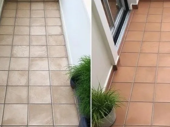 Comparison of two tiled floors, one with beige tiles and dark grout lines, and the other with terracotta tiles, separated by a white wall. A green potted plant is placed at the edge of the beige-tiled floor.