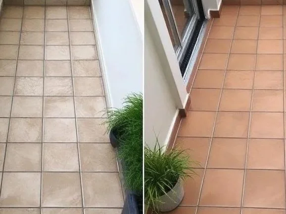 Side-by-side comparison of two tiled floors with a potted green plant in each, one with beige tiles and the other with terracotta tiles.