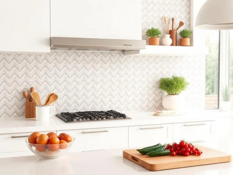 Modern white kitchen with a gas stove, bowl of eggs, cutting board with cucumbers and cherry tomatoes, and potted plants on the countertop and windowsill.