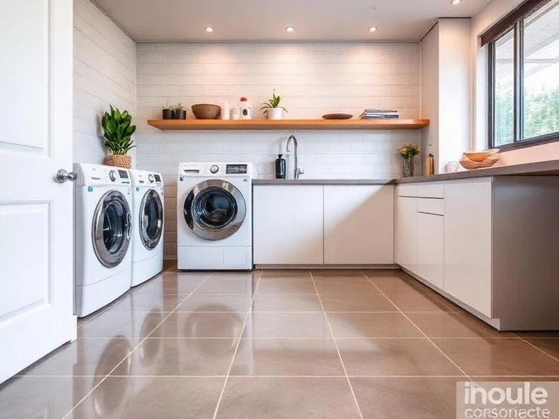 Modern laundry room with white washer and dryer, white cabinets, open wooden shelf, potted plants, and a window.