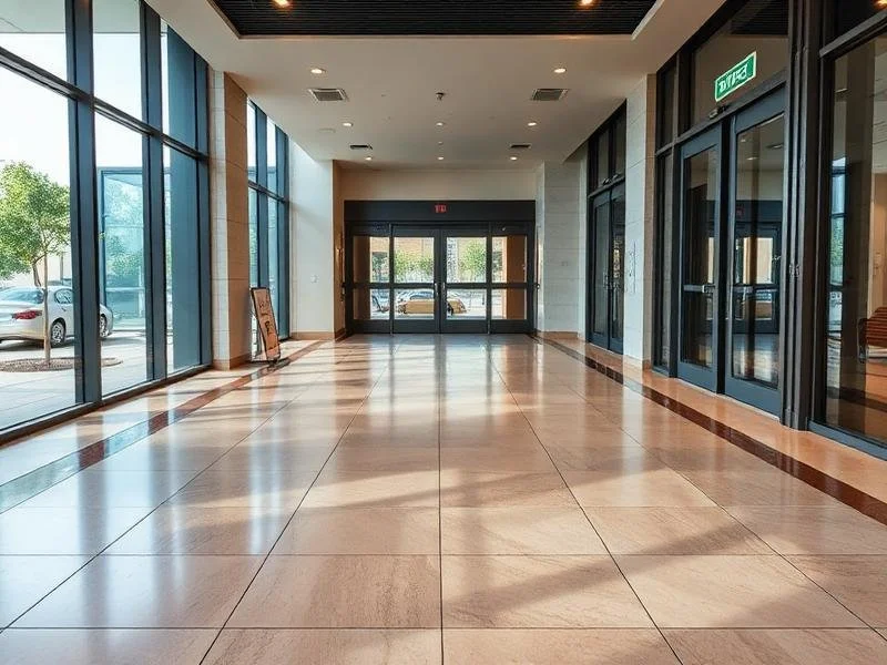 Empty indoor lobby with large glass windows, wooden flooring, and glass doors leading outside.