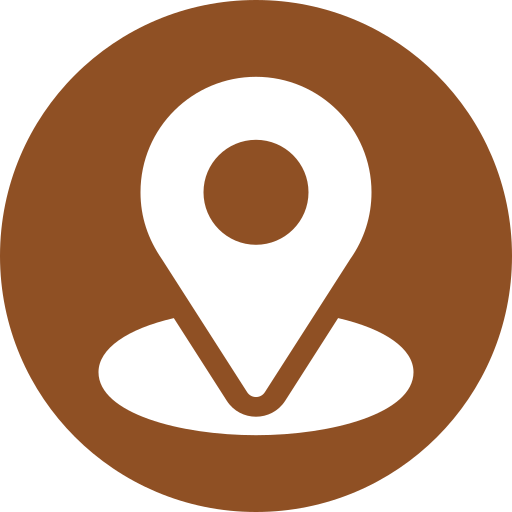 Icon of a location pin on a brown circular background.