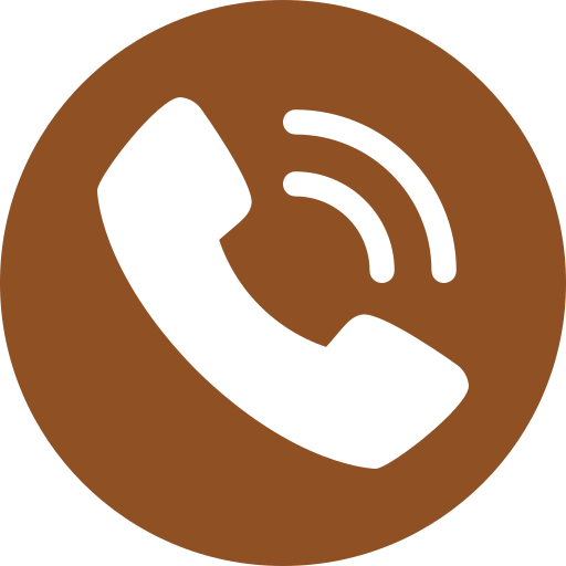 Icon of a white telephone handset with sound waves on a brown circular background.