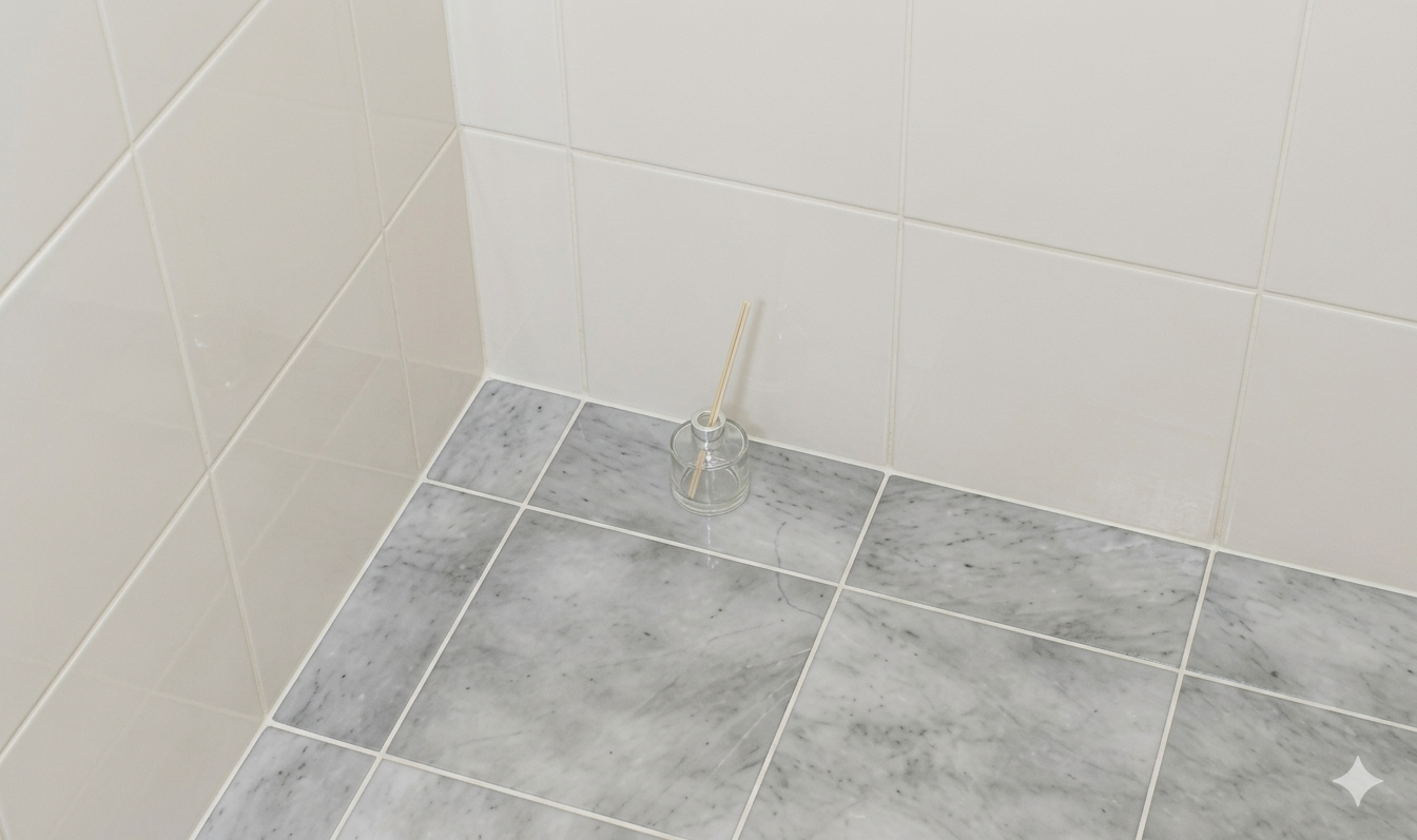 A corner of a bathroom with tiled white walls and light gray marble floor, containing a small glass jar with a reed diffuser stick.