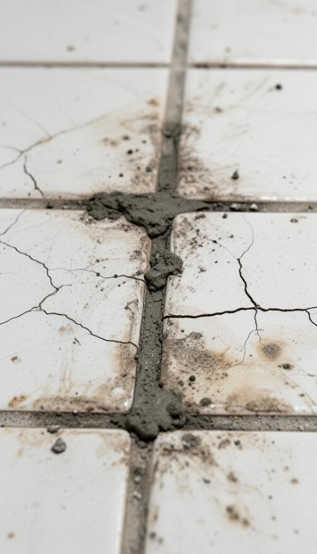 Close-up of cracked white ceramic tiles with fresh gray grout in between, some dirt and debris on the surface