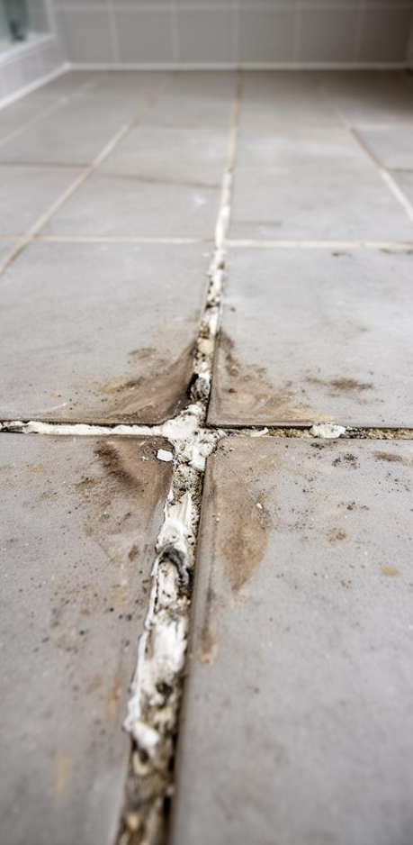 Close-up of a tiled floor with damaged grout and dirt buildup in the seams.