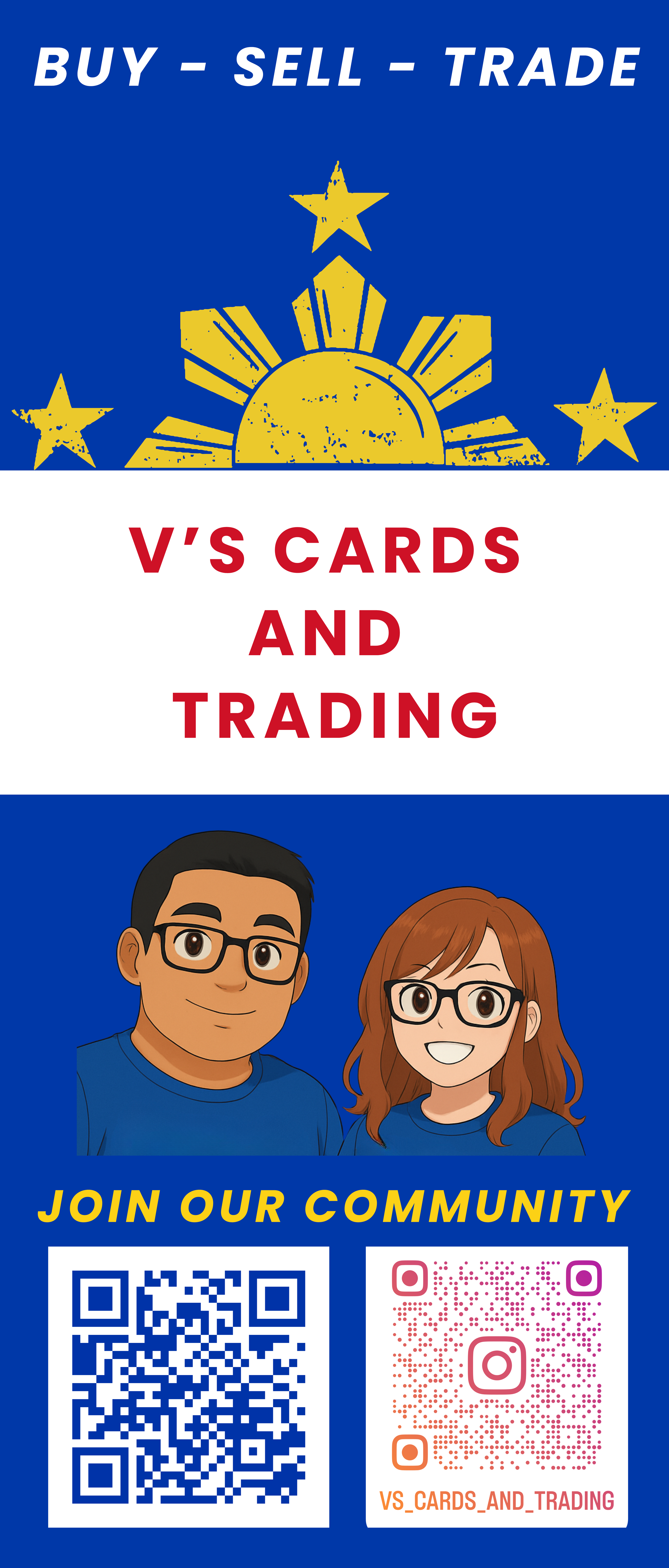 A promotional flyer for V's Cards and Trading features a blue, white, and yellow theme with stars, a sun, and the text 'BUY - SELL - TRADE'. It includes cartoon images of a man and a woman wearing blue shirts and glasses, along with two QR codes for joining the community.