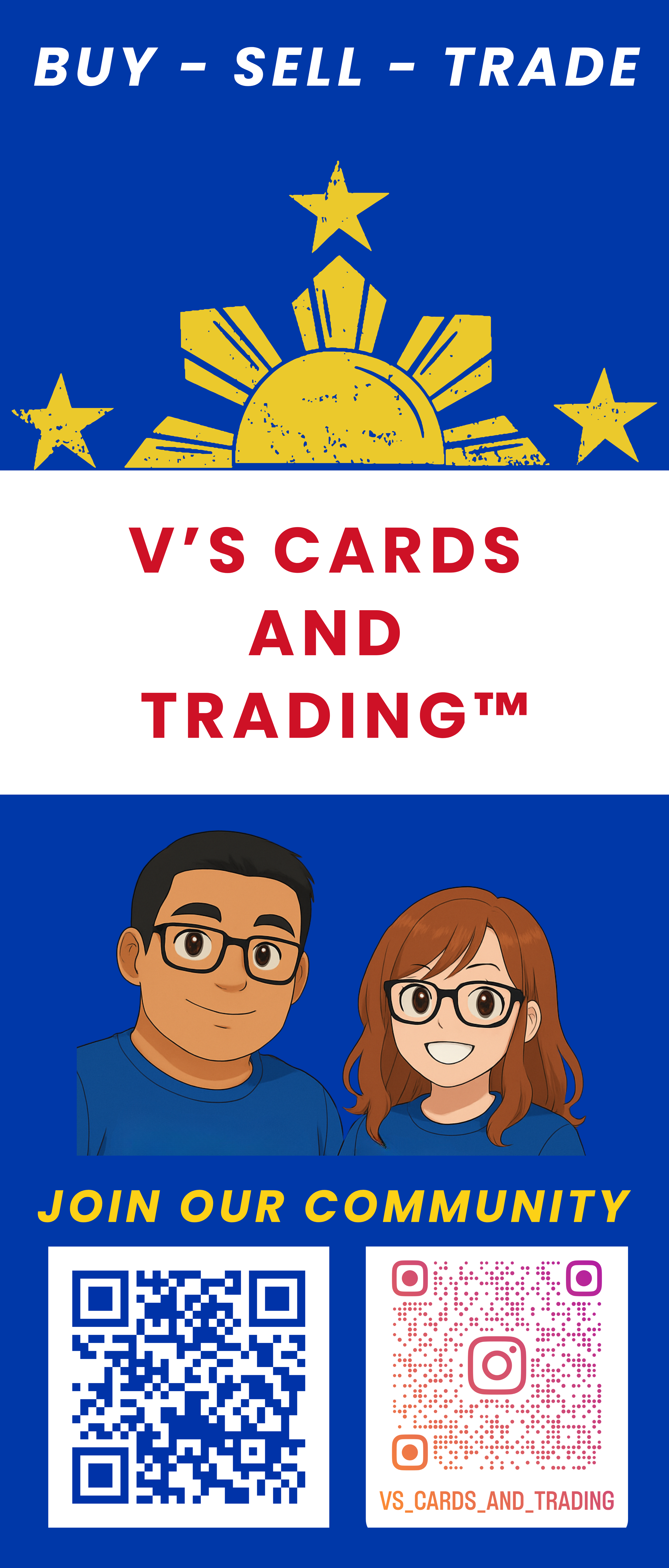 A promotional poster for V's Cards and Trading featuring a blue background with a yellow sun and stars, cartoon images of a man and woman with glasses, and QR codes for joining the community.