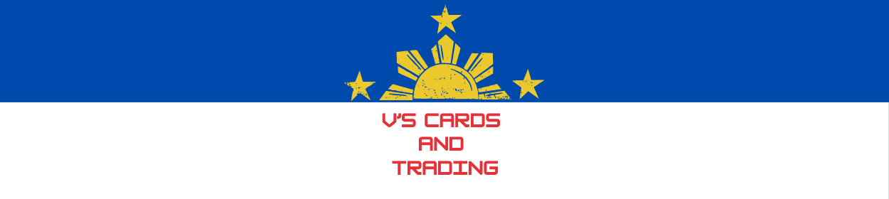 Banner with a blue top section, yellow sun with rays and three stars, and text 'V's Cards and Trading' in red.