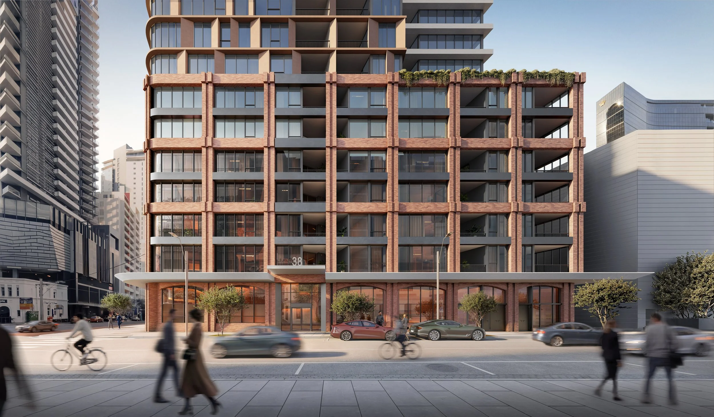 A multi-story modern building with a brick facade, large glass windows, and a computer-generated look, situated on a city street with pedestrians and cars.