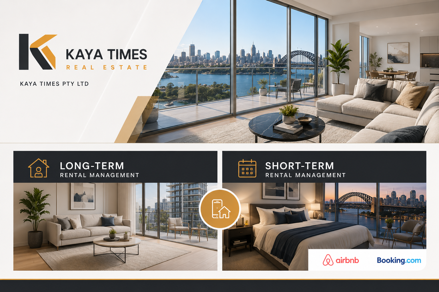 A promotional flyer from Kaya Times Real Estate showcasing two types of residential rental management services: long-term and short-term. The flyer features interior images of furnished apartments with city views, including a living room, bedroom, and balcony, emphasizing city skyline views and modern furnishings.
