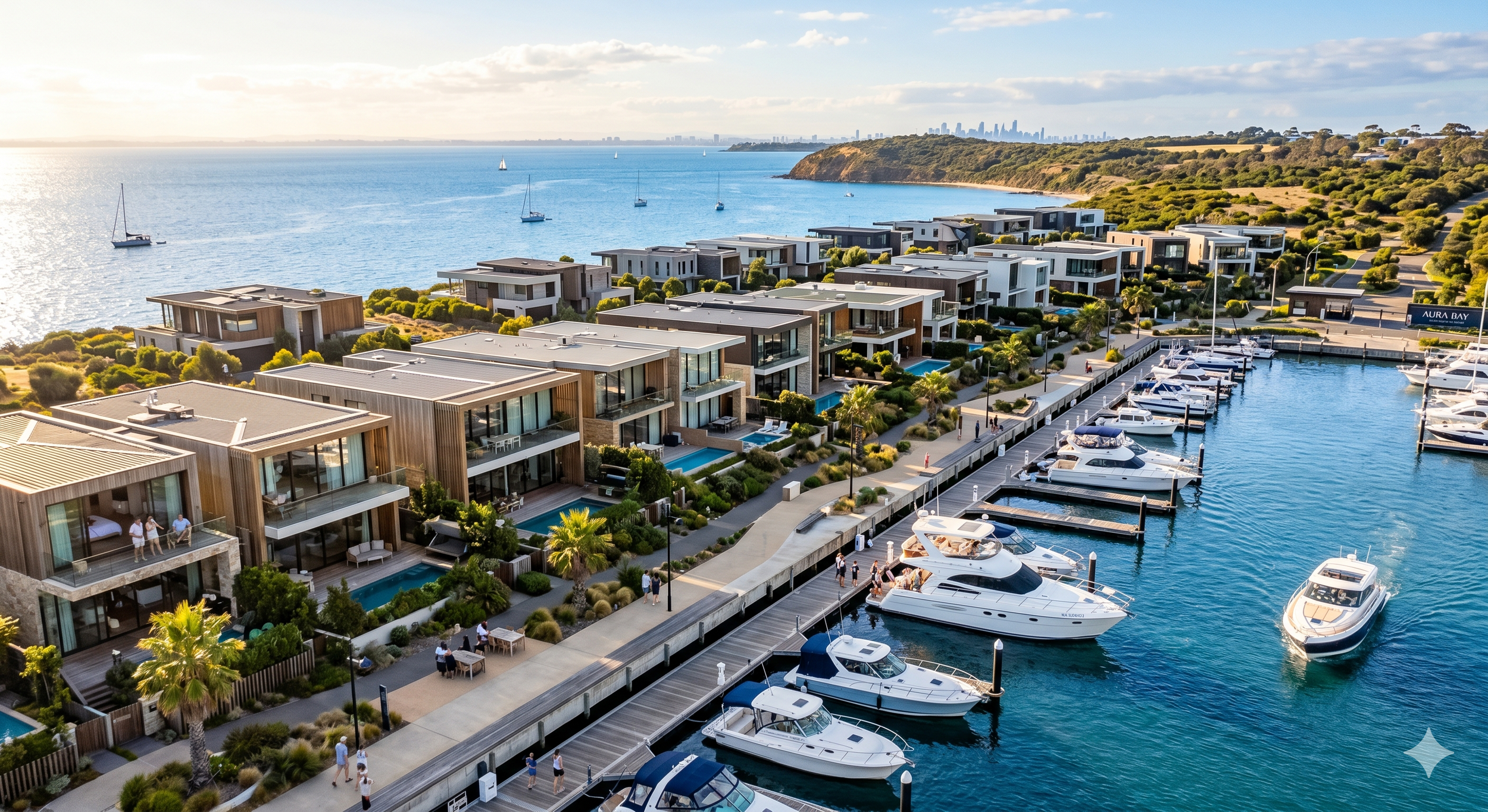Aerial view of a marina with several yachts docked, modern residential buildings with pools, a waterfront promenade, and sailboats on a large body of water under a partly cloudy sky.