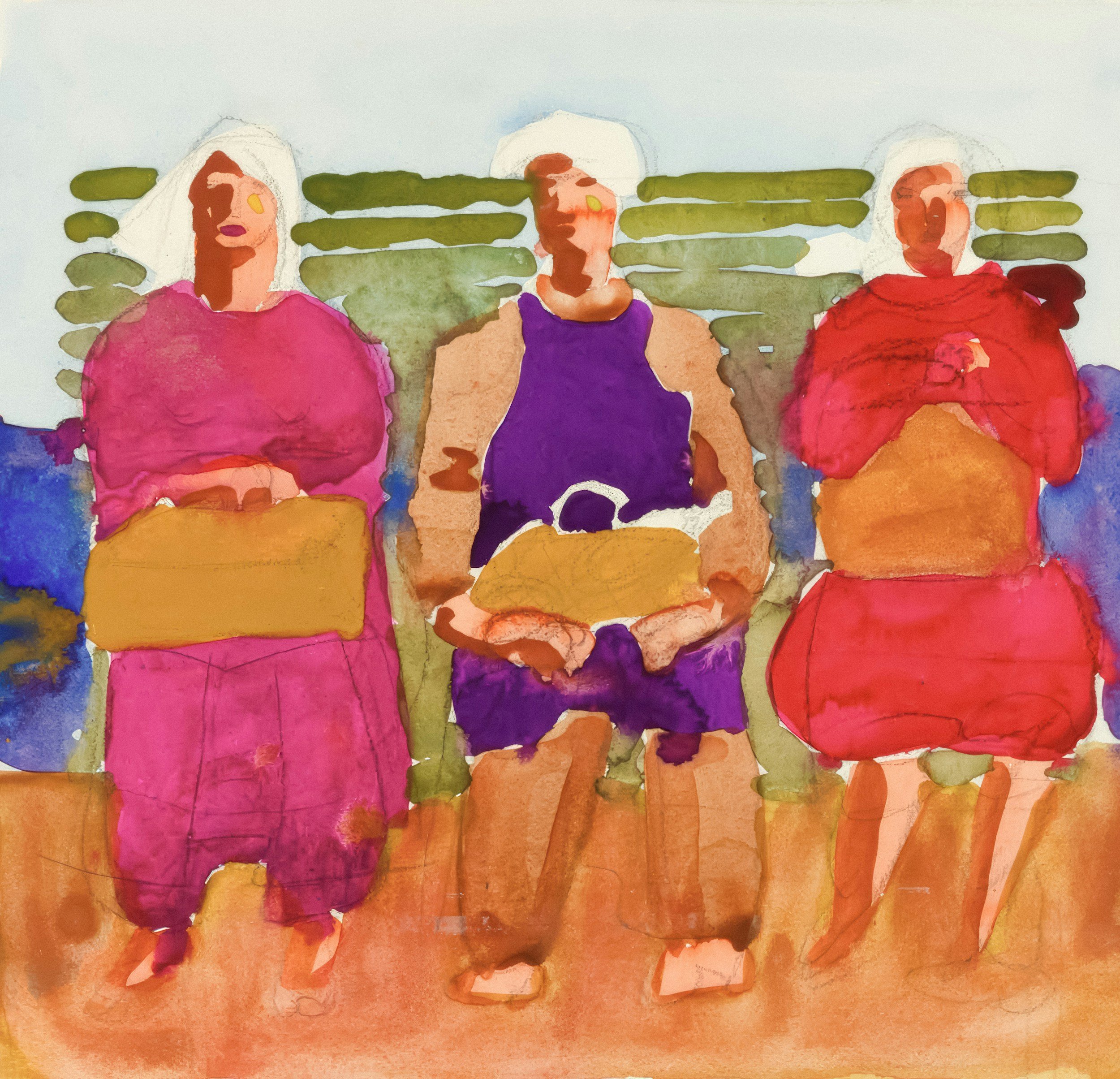Abstract watercolor painting of three human figures sitting externally, with green horizontal lines and warm background colors.