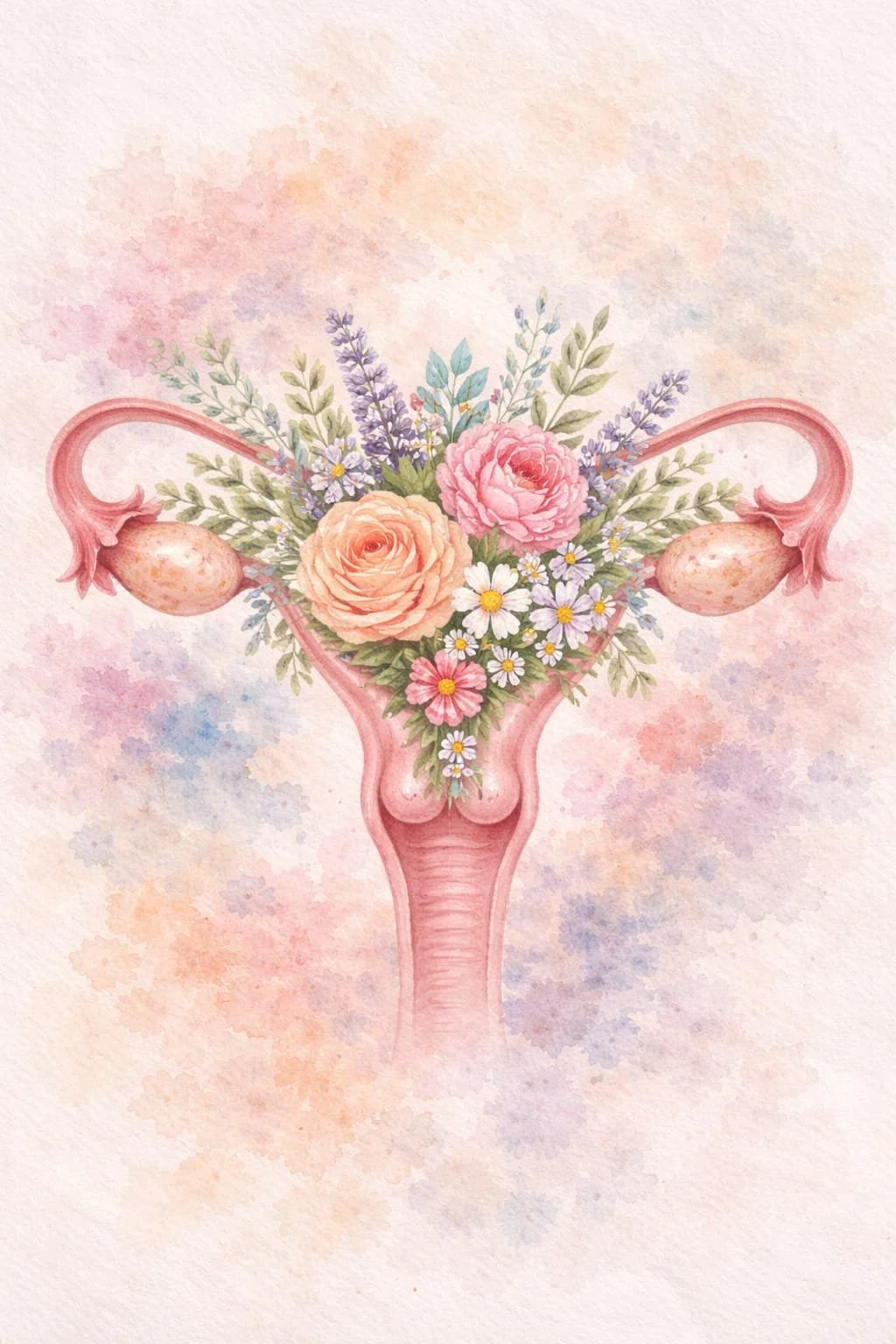 Watercolor illustration of a female reproductive system with flowers arranged inside it, including roses, daisies, and lavender.