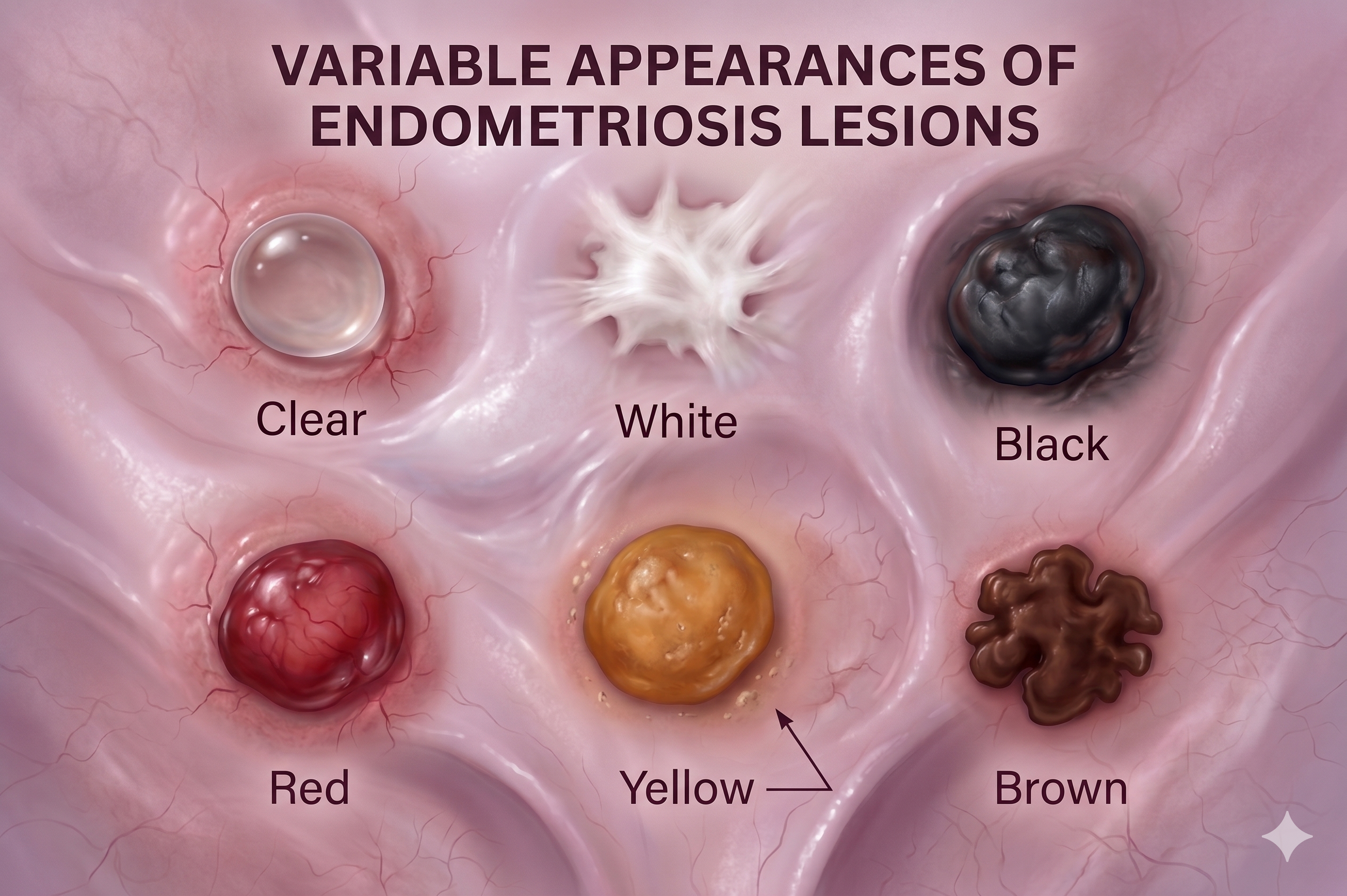 endometriosis lesions may appear differently ,an experienced eye needed to recognize all forms