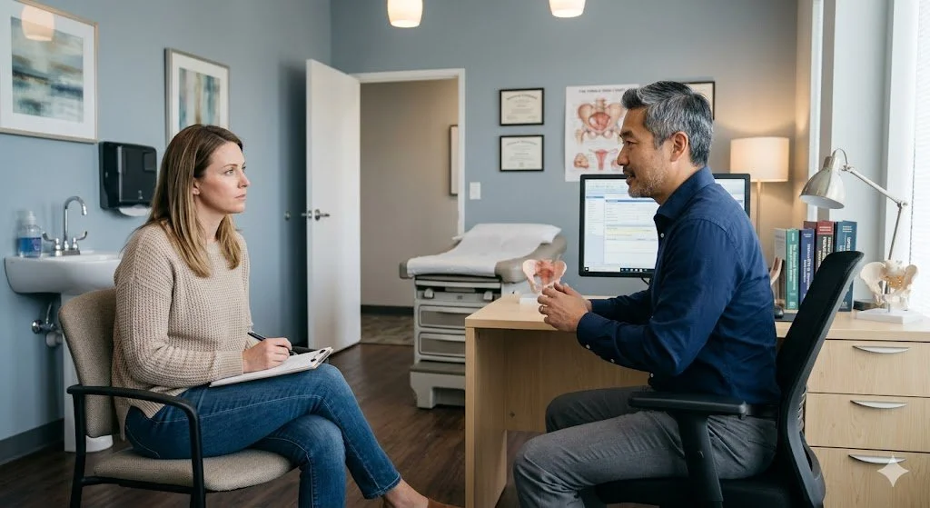 A woman with a notebook sitting on a chair in a medical office, listening to a male doctor who is explaining something. The office has a desk, computer, and medical charts on the wall.