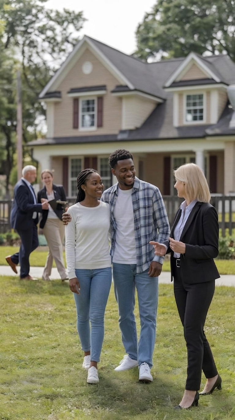 A group of three people walking and talking on a lawn in front of a house, with two more people talking in the background.