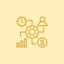 Business and finance icons including a clock, person, gear, bar chart, and dollar symbol