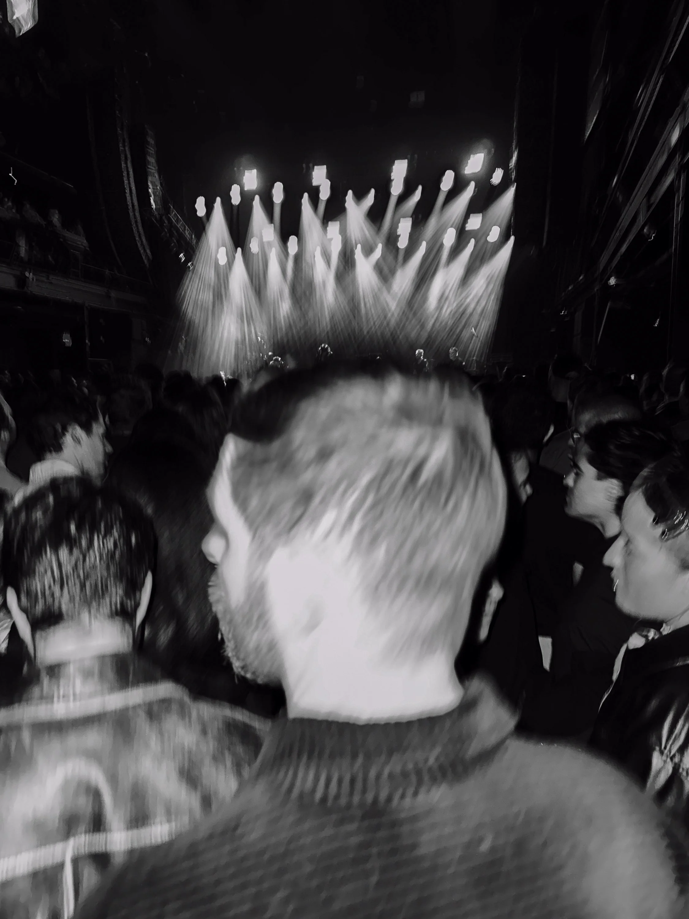 Crowd of people sitting in a theater or concert hall with stage lights shining in the background.