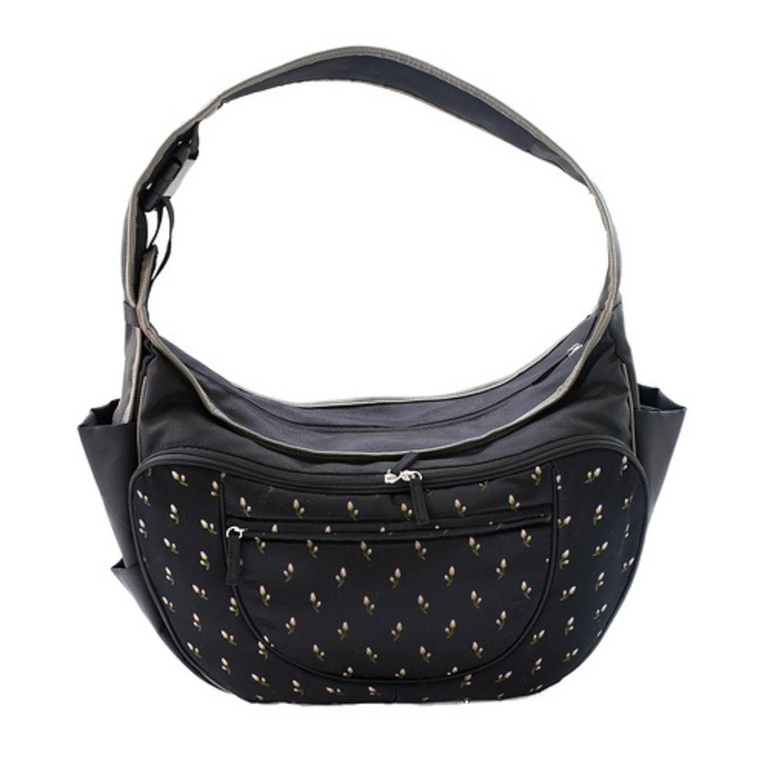 Black diaper bag by Warm Milk Inc., with gold studs design and zipper, viewed from above.