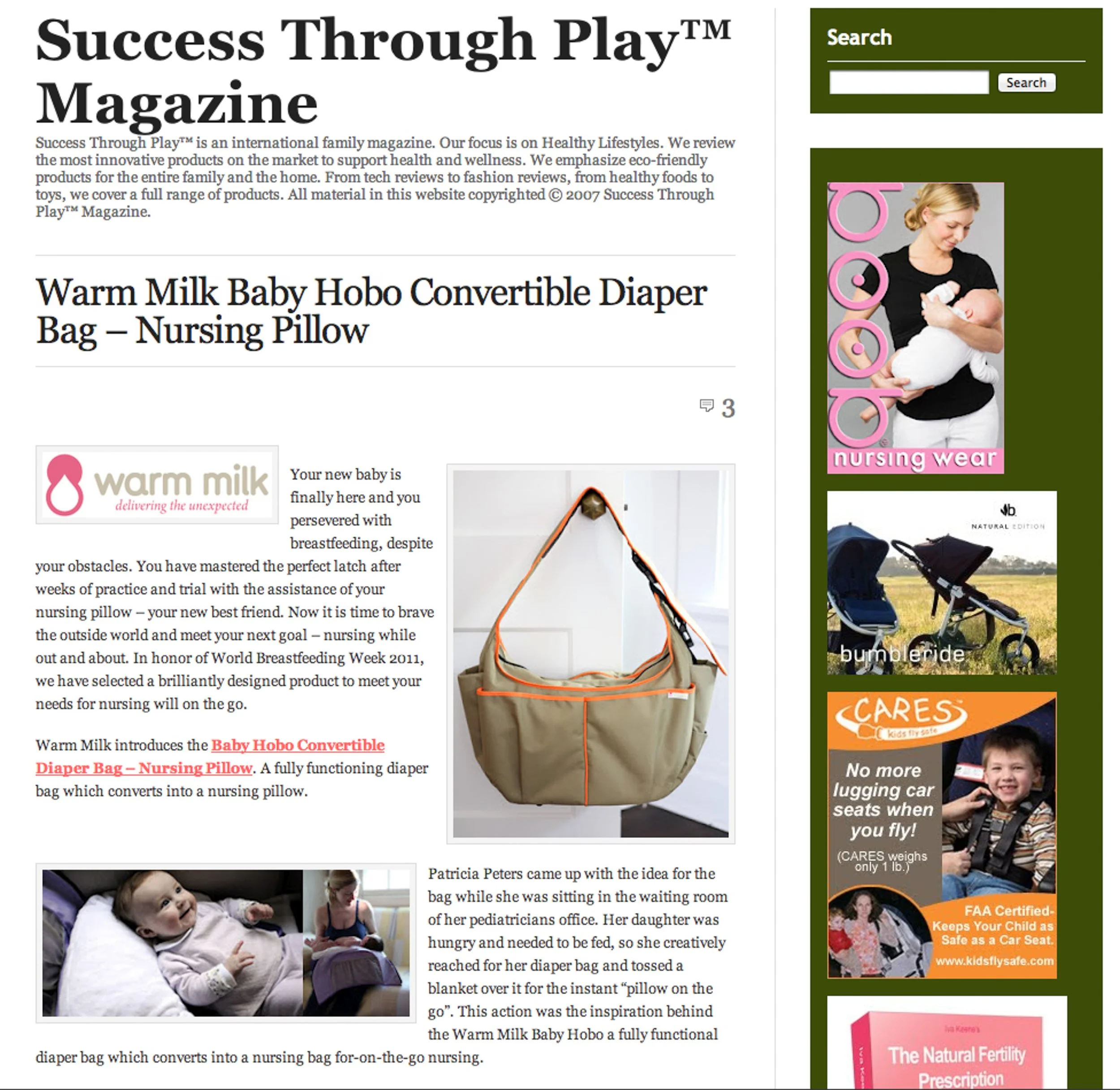 A baby accessories product page featuring a pink floral diaper bag by Warm Milk Inc.