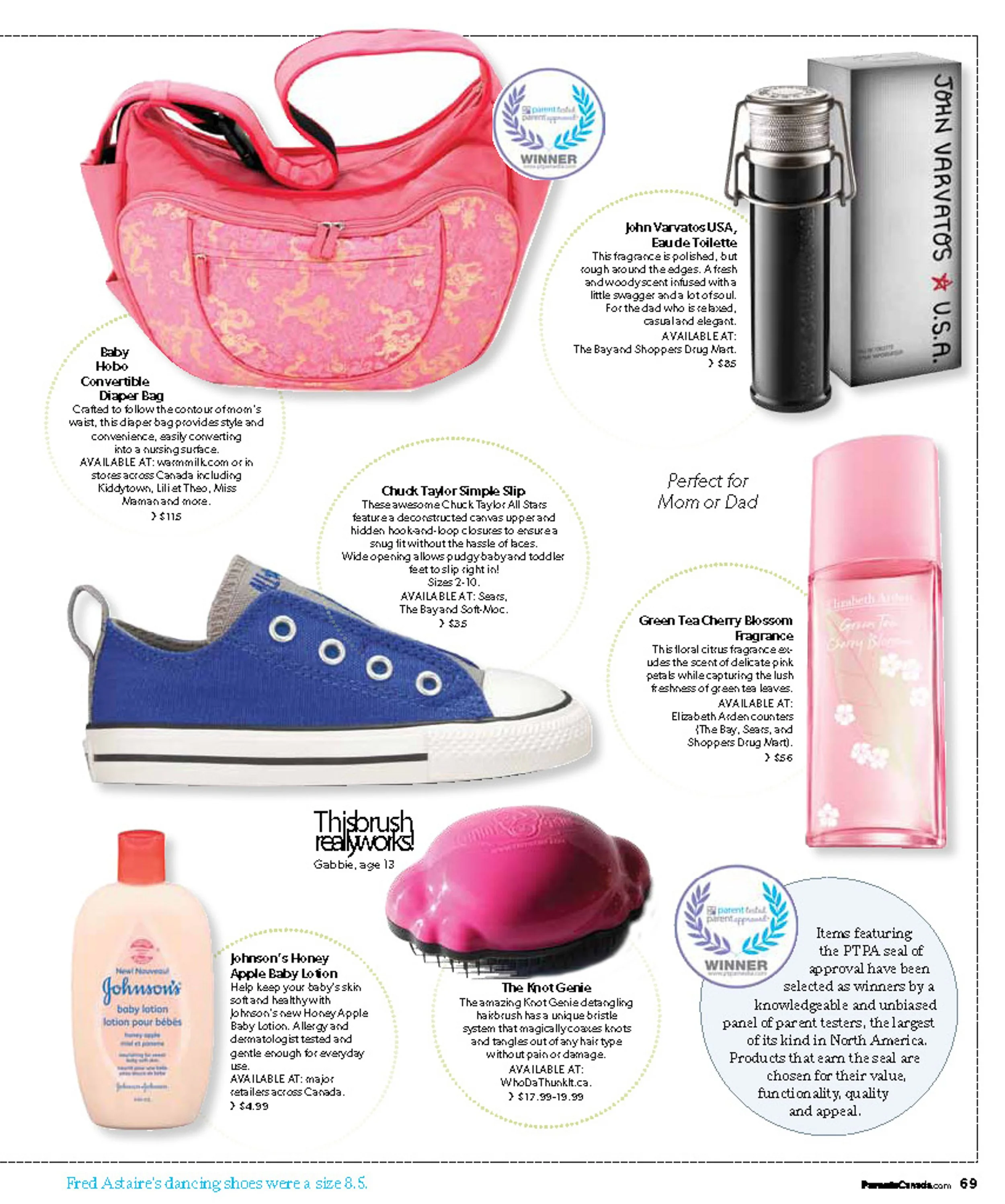 A baby accessories product page featuring a pink floral diaper bag by Warm Milk Inc.
