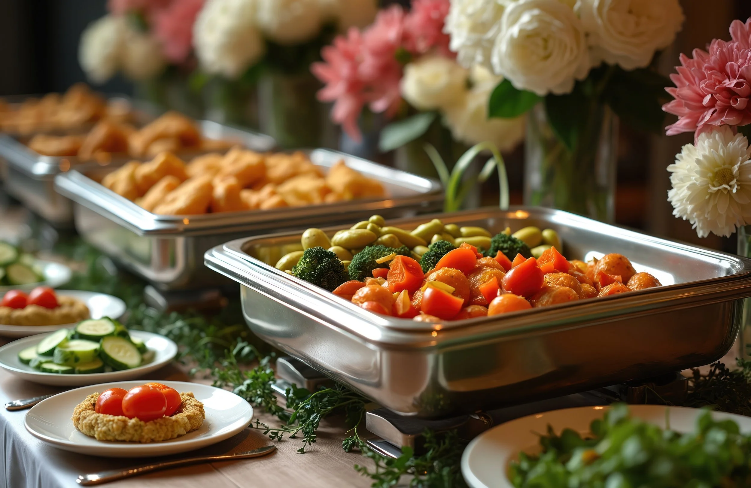 Buffet table with trays of vegetables, including cherry tomatoes, cucumbers, broccoli, and carrots, decorated with flowers and greenery.