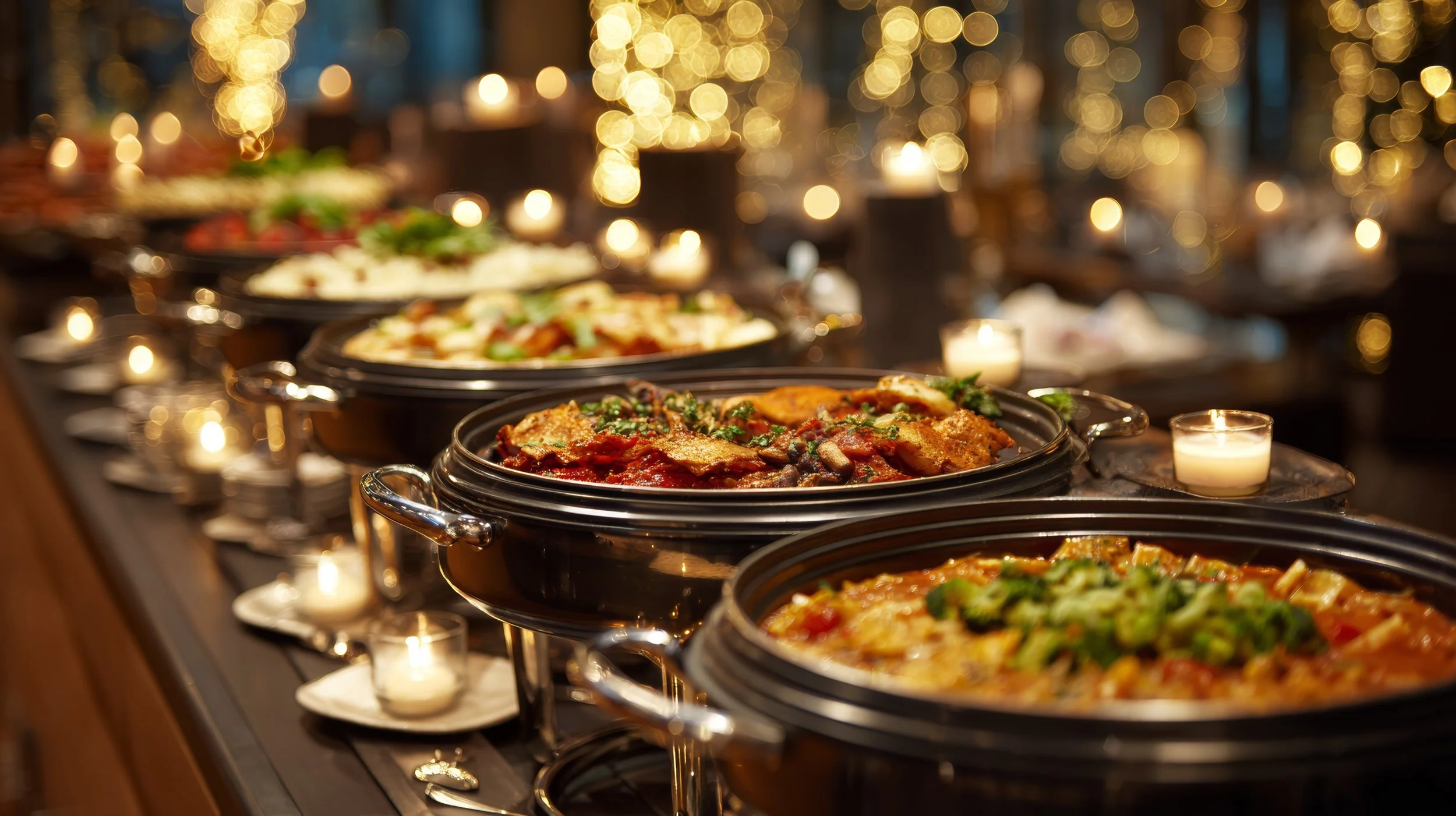 Buffet table with chafing dishes filled with various hot dishes, candles provide ambient lighting, blurred background with bokeh effect