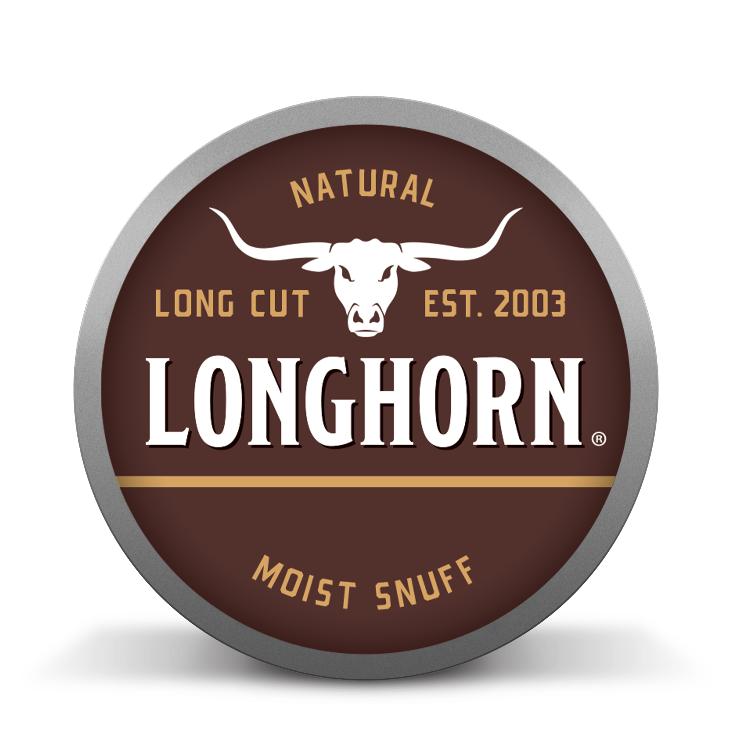 Close-up of a circular logo for Longhorn, featuring a white longhorn skull illustration, with the words "Natural," "Long Cut," "EST. 2003," and "Moist Snuff". The background of the logo is dark brown, with a light gray border.