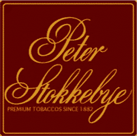 Brand logo for Peter Stokkebye featuring gold cursive text on a red background.