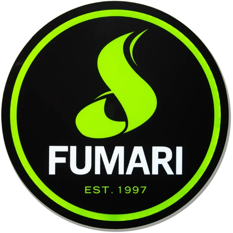 A circular logo with a black background, green border, and a stylized green flame or smoke symbol. The word 'FUMARI' is written in bold white letters below the symbol, with 'EST. 1997' in smaller green text underneath.