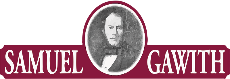 Portrait of Samuel Gawith with text of his name on a maroon background.