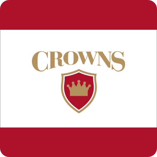 Logo with the word 'CROWNS' and a shield featuring a crown in the center, on a red and white background.