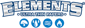 Logo of Elements Ultra Thin Paper with icons representing water, air, water waves, and fire.