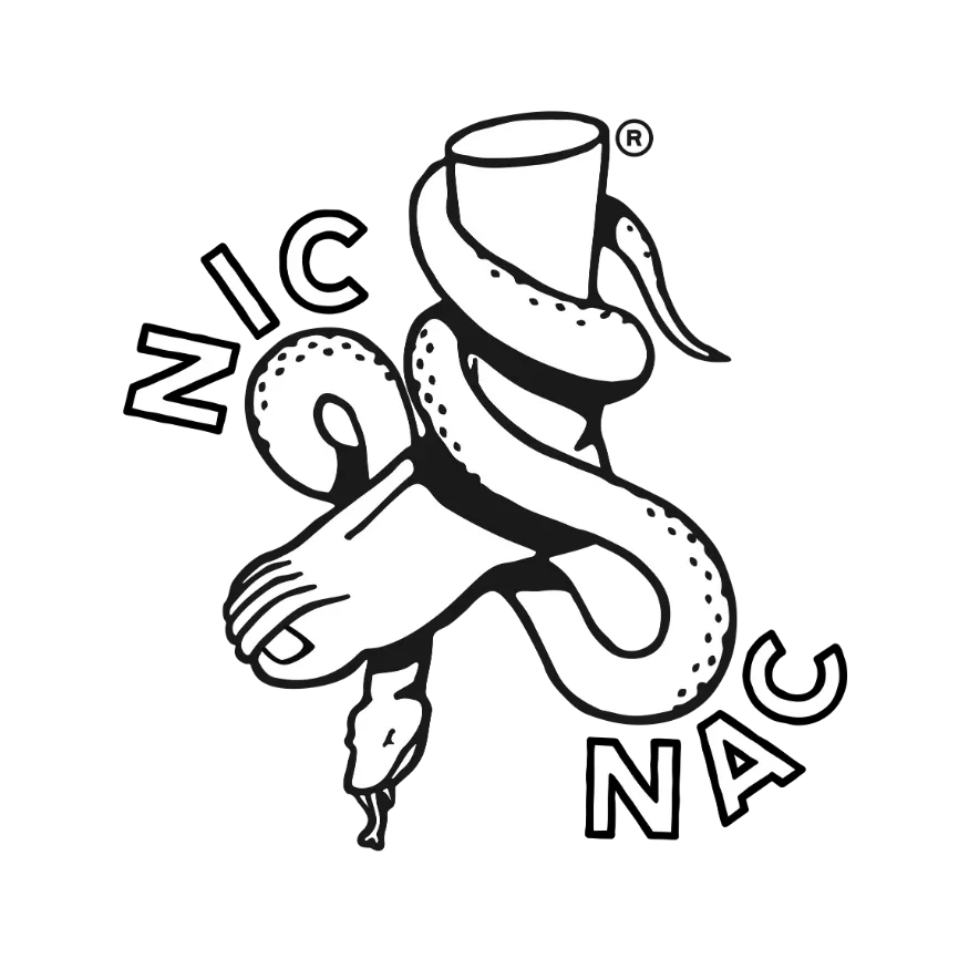 Graphic of a snake wrapped around a cigarette with the words 'Nic' and 'NAC' on either side.