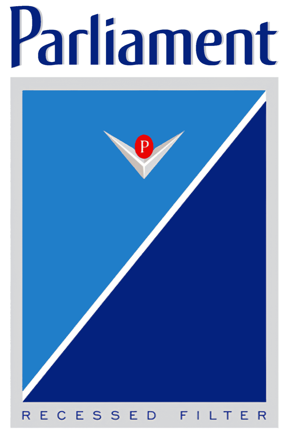Graphic of a refrigerator filter label with the text 'Parliament' at the top, a blue background, and a white diagonal line dividing data sections, including a red circle with a white 'P' and a logo resembling a checkmark. The bottom text reads 'Recessed Filter'.