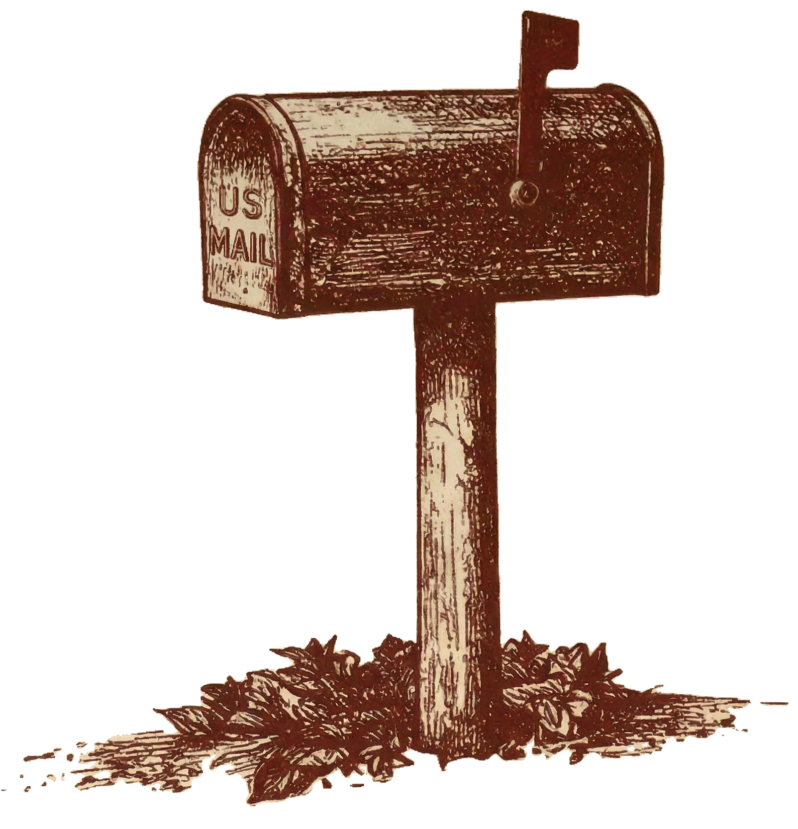 A vintage-style illustration of a mailbox on a wooden post, with grass around its base, and the words 'US MAIL' on the side.