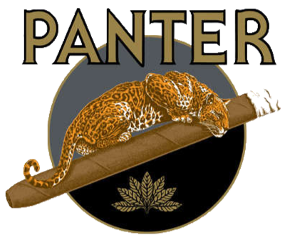 A jaguar sleeping on a tree branch with the word 'PANTER' above and a leaf below.
