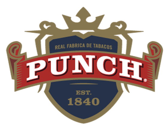 Logo of Punch tobacco featuring a shield, a crown, and the text "Real Fabrica de Tabacos Punch Est. 1840."