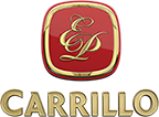 Logo with red background and gold lettering, featuring the initials 'EP' inside a decorative frame above the word 'Carrillo' in gold text
