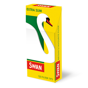 Box of Swan extra slim cigarette filters with a swan illustration on the packaging.