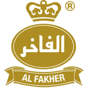 Logo with a gold crown on top, an oval shape with Arabic script and the words 'AL FAKHER' on a gold banner.