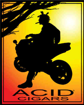Silhouette of a person sitting on a motorcycle with a tree and sunset in the background, advertisement for ACID Cigars.