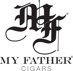 Logo of MY FATHER Cigars with stylized initials 'M' and 'F' in a decorative black font